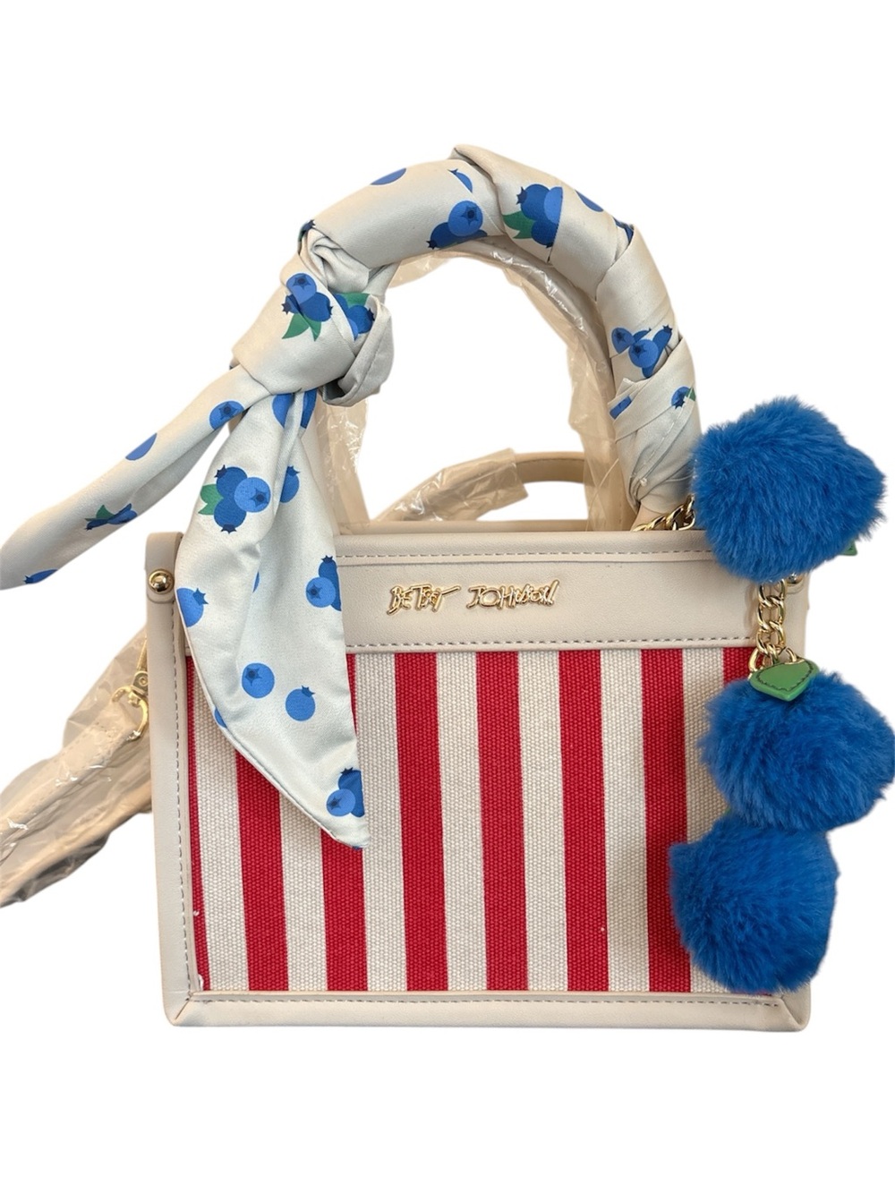 Betsey Johnson Blueberry Satchel or Crossbody Bag with Red Stripes NWT